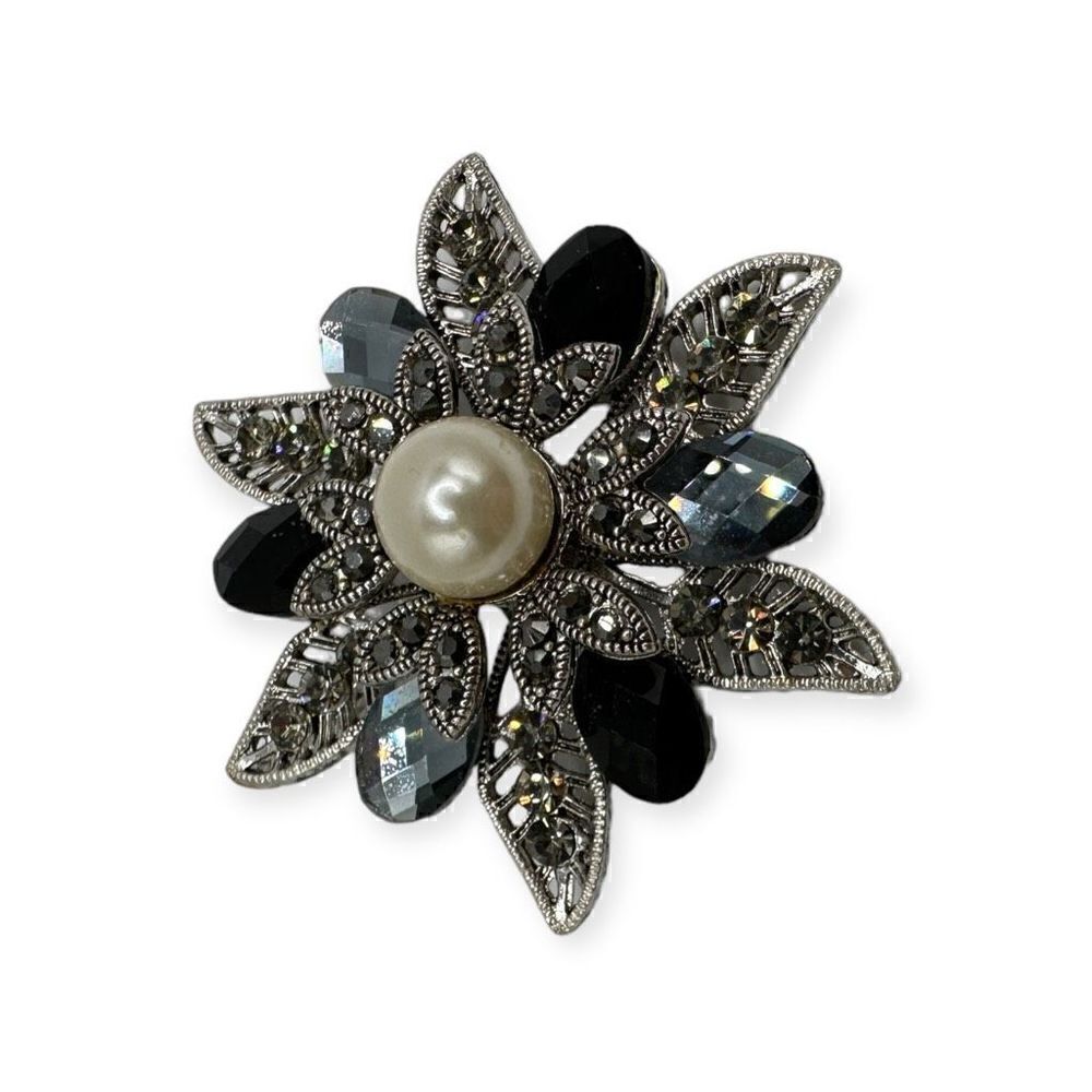 Stunning black/silver rhinestone flower brooch with faux pearl center